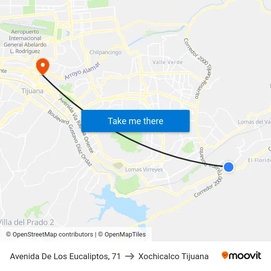 Avenida De Los Eucaliptos, 71 to Xochicalco Tijuana map