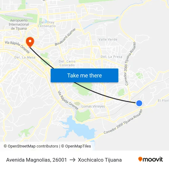 Avenida Magnolias, 26001 to Xochicalco Tijuana map