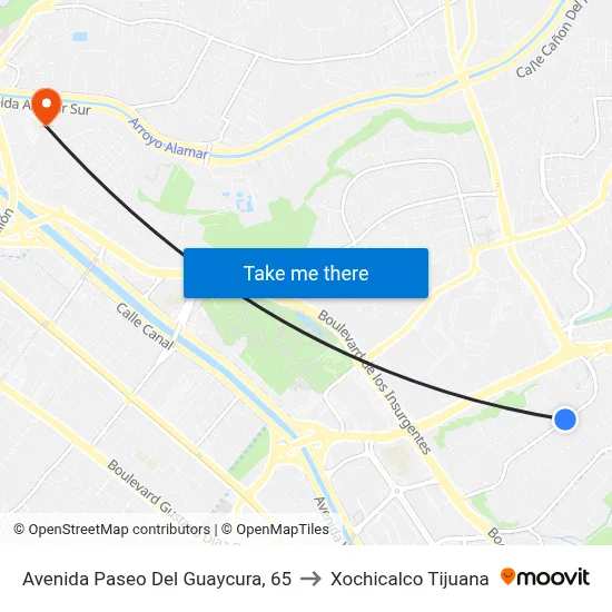 Avenida Paseo Del Guaycura, 65 to Xochicalco Tijuana map
