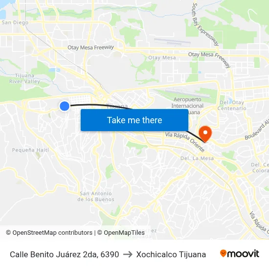 Calle Benito Juárez 2da, 6390 to Xochicalco Tijuana map