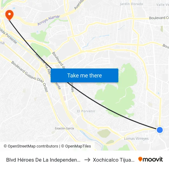 Blvd Héroes De La Independencia to Xochicalco Tijuana map