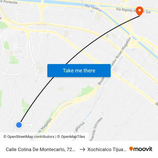 Calle Colina De Montecarlo, 72355 to Xochicalco Tijuana map