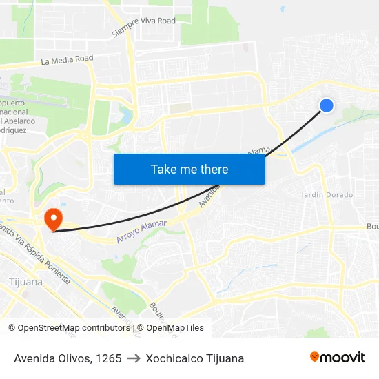 Avenida Olivos, 1265 to Xochicalco Tijuana map