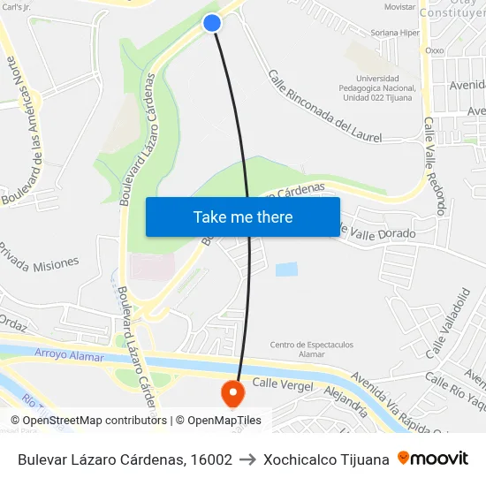 Bulevar Lázaro Cárdenas, 16002 to Xochicalco Tijuana map