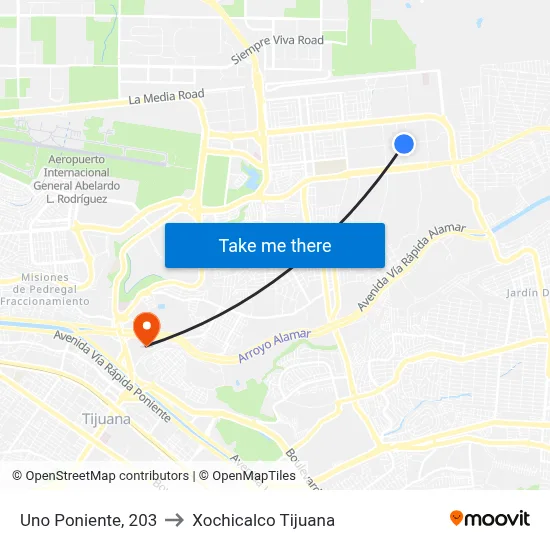 Uno Poniente, 203 to Xochicalco Tijuana map