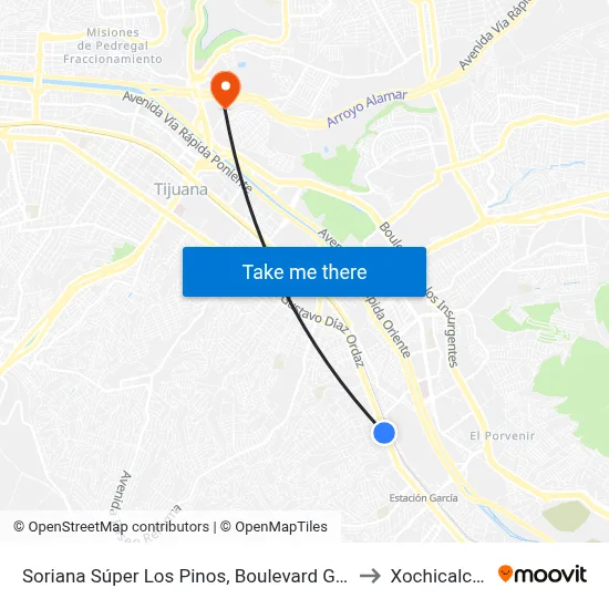 Soriana Súper Los Pinos, Boulevard Gustavo Diaz Ordaz, 12656 to Xochicalco Tijuana map