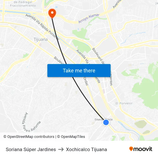 Soriana Súper Jardines to Xochicalco Tijuana map