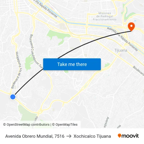 Avenida Obrero Mundial, 7516 to Xochicalco Tijuana map