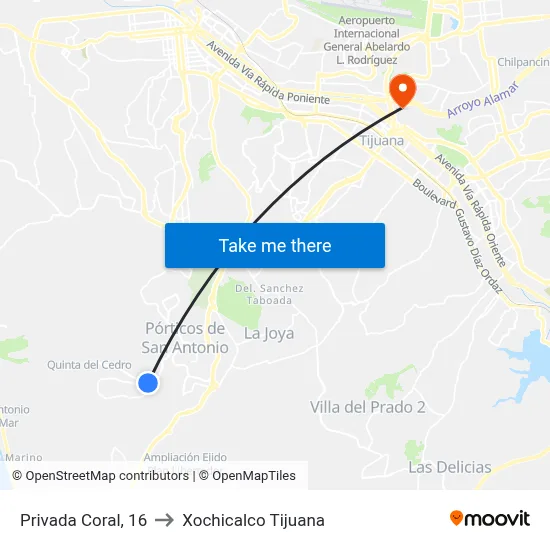 Privada Coral, 16 to Xochicalco Tijuana map