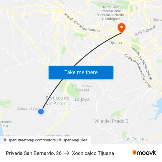 Privada San Bernardo, 26 to Xochicalco Tijuana map