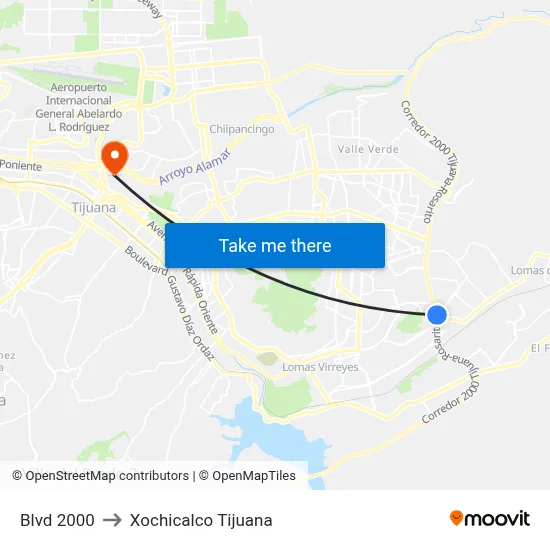 Blvd 2000 to Xochicalco Tijuana map
