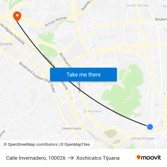 Calle Invernadero, 100026 to Xochicalco Tijuana map