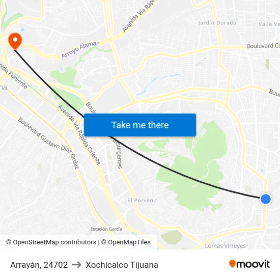 Arrayán, 24702 to Xochicalco Tijuana map