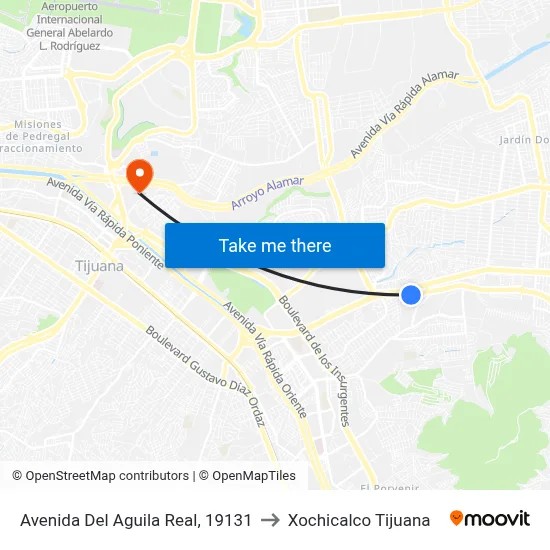 Avenida Del Aguila Real, 19131 to Xochicalco Tijuana map