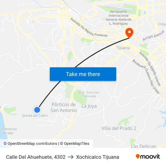 Calle Del Ahuehuete, 4302 to Xochicalco Tijuana map
