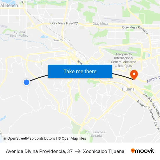Avenida Divina Providencia, 37 to Xochicalco Tijuana map