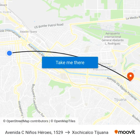 Avenida C Niños Héroes, 1529 to Xochicalco Tijuana map