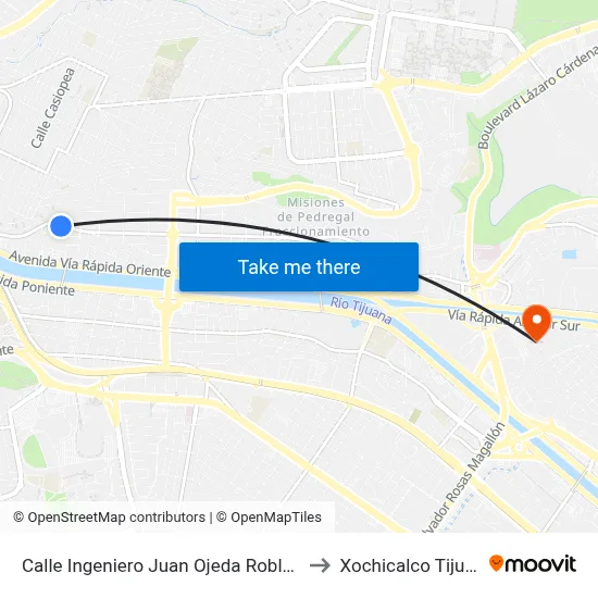 Calle Ingeniero Juan Ojeda Robles, 72 to Xochicalco Tijuana map
