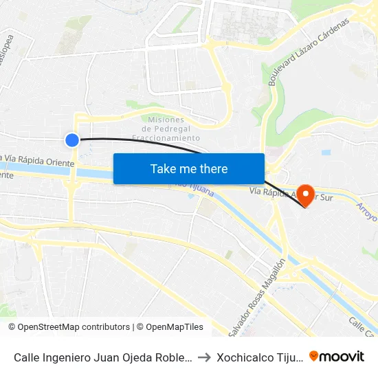 Calle Ingeniero Juan Ojeda Robles, 495 to Xochicalco Tijuana map
