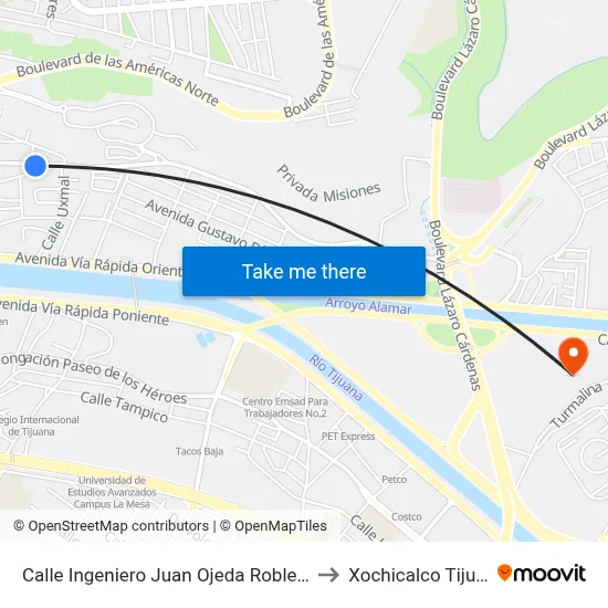 Calle Ingeniero Juan Ojeda Robles, 900 to Xochicalco Tijuana map