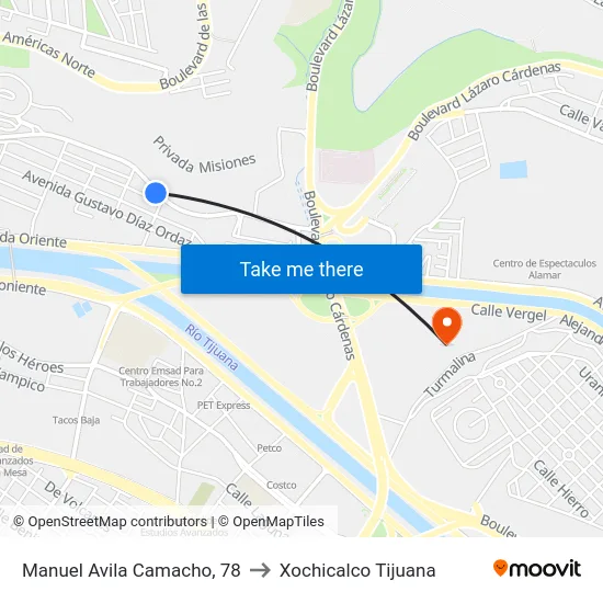 Manuel Avila Camacho, 78 to Xochicalco Tijuana map