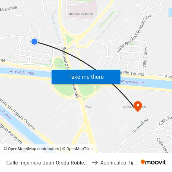 Calle Ingeniero Juan Ojeda Robles, 15419 to Xochicalco Tijuana map