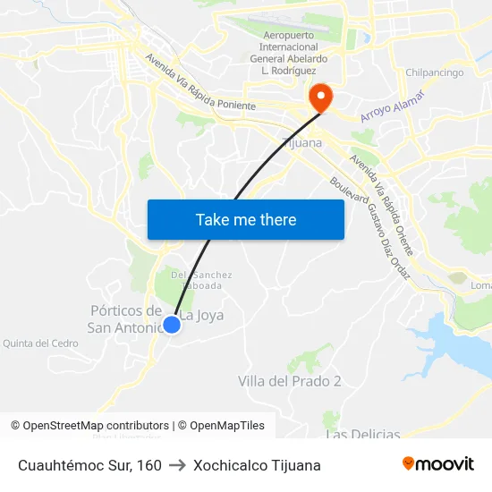 Cuauhtémoc Sur, 160 to Xochicalco Tijuana map