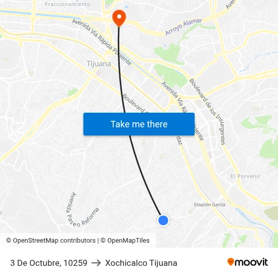 3 De Octubre, 10259 to Xochicalco Tijuana map