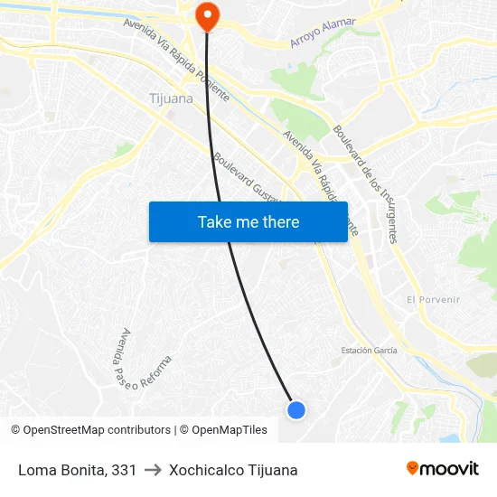 Loma Bonita, 331 to Xochicalco Tijuana map