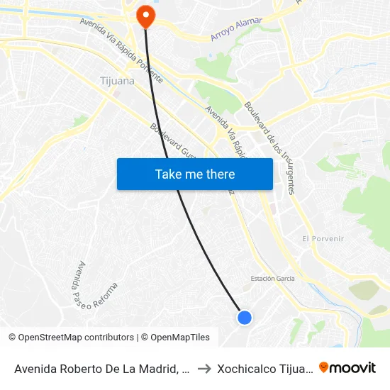 Avenida Roberto De La Madrid, 999 to Xochicalco Tijuana map