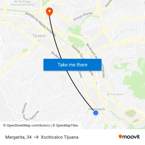 Margarita, 34 to Xochicalco Tijuana map