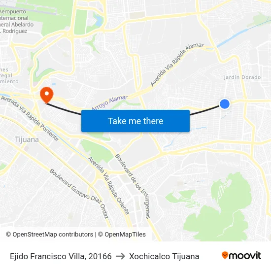 Ejido Francisco Villa, 20166 to Xochicalco Tijuana map