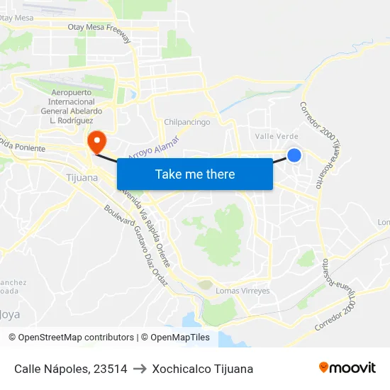 Calle Nápoles, 23514 to Xochicalco Tijuana map