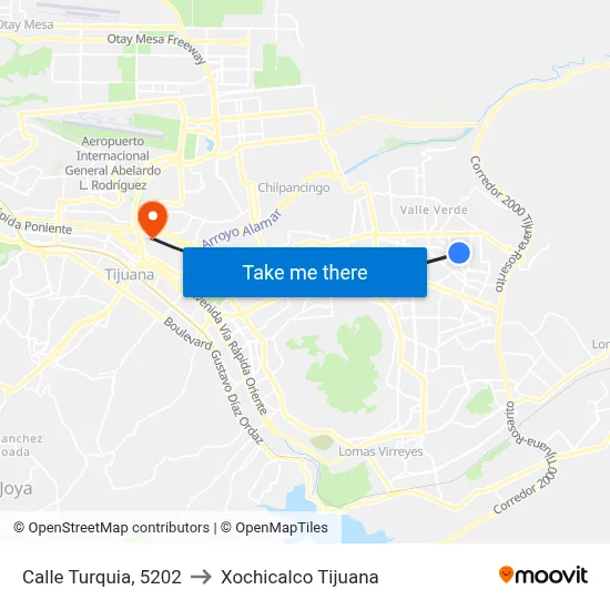 Calle Turquia, 5202 to Xochicalco Tijuana map