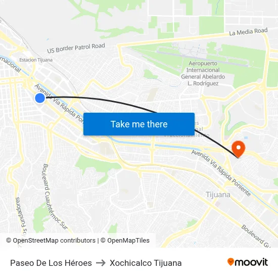 Paseo De Los Héroes to Xochicalco Tijuana map