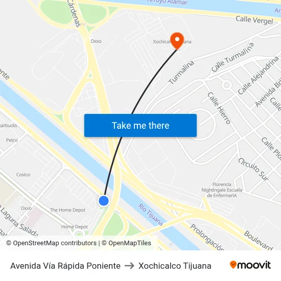 Avenida Vía Rápida Poniente to Xochicalco Tijuana map