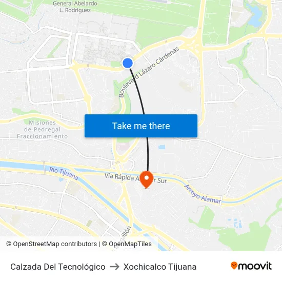 Calzada Del Tecnológico to Xochicalco Tijuana map