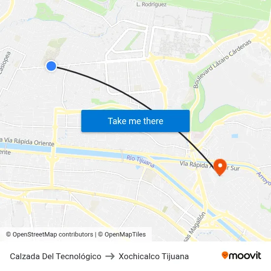 Calzada Del Tecnológico to Xochicalco Tijuana map