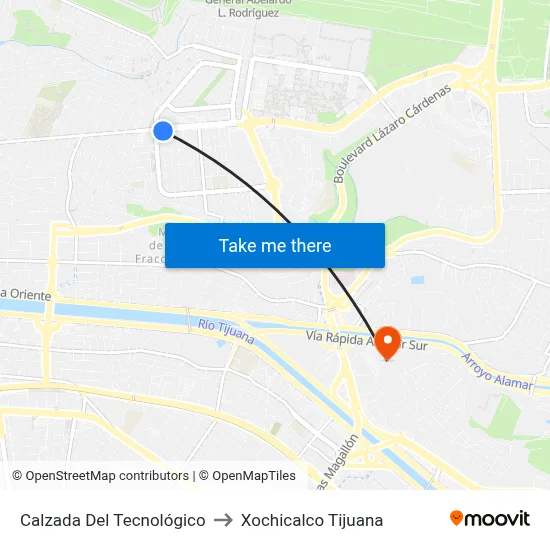 Calzada Del Tecnológico to Xochicalco Tijuana map