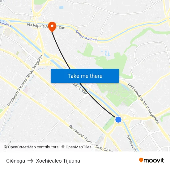 Ciénega to Xochicalco Tijuana map