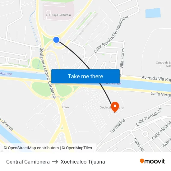 Central Camionera to Xochicalco Tijuana map