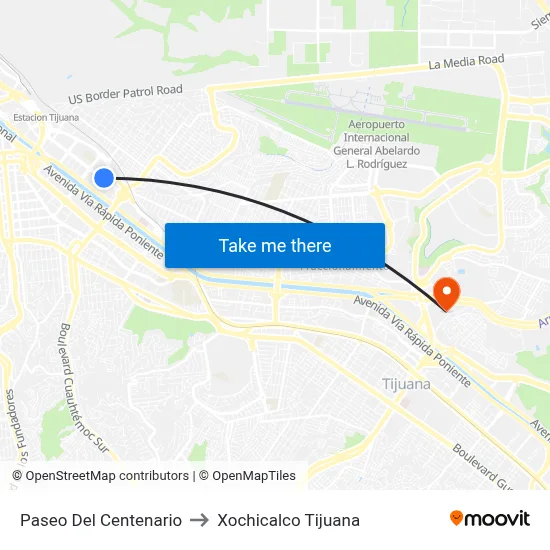 Paseo Del Centenario to Xochicalco Tijuana map