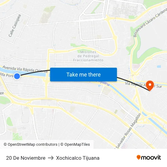 20 De Noviembre to Xochicalco Tijuana map