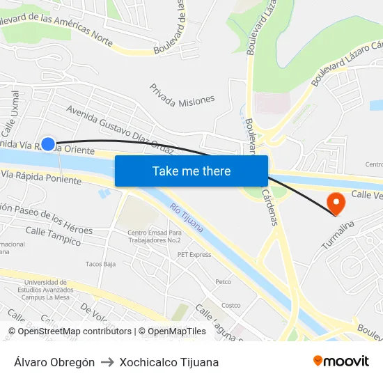 Álvaro Obregón to Xochicalco Tijuana map