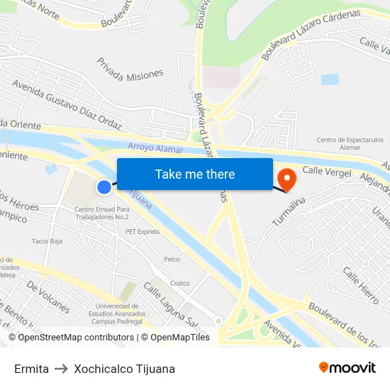 Ermita to Xochicalco Tijuana map