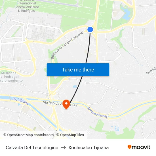 Calzada Del Tecnológico to Xochicalco Tijuana map