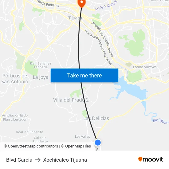 Blvd García to Xochicalco Tijuana map