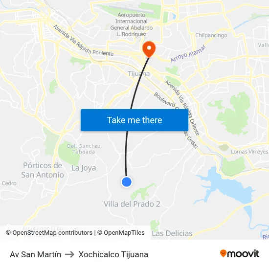Av San Martín to Xochicalco Tijuana map