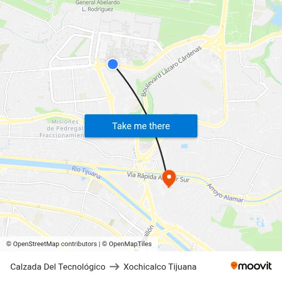 Calzada Del Tecnológico to Xochicalco Tijuana map