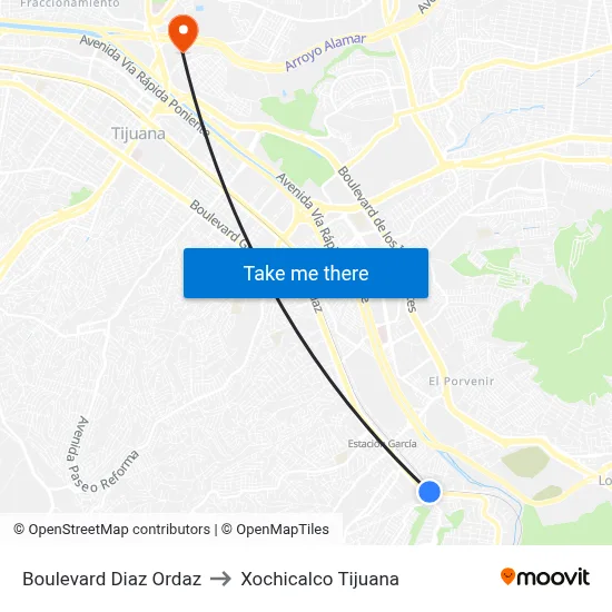 Boulevard Diaz Ordaz to Xochicalco Tijuana map